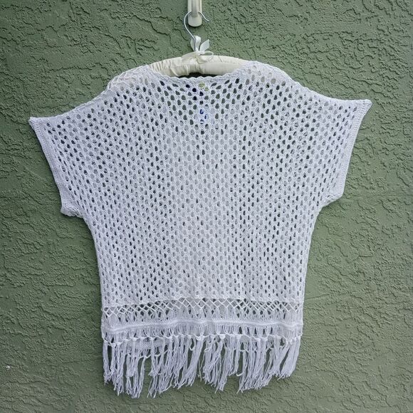 NWT ALLEGRA Gorgeous White Knit See-Thru Round Neck Cover-up w/Tassels Large - Picture 2 of 10